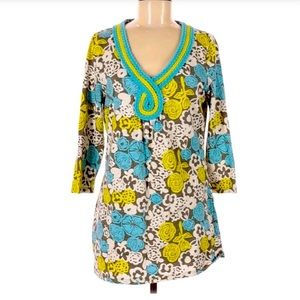 Boden blue green floral braided neck tunic top - Size 8